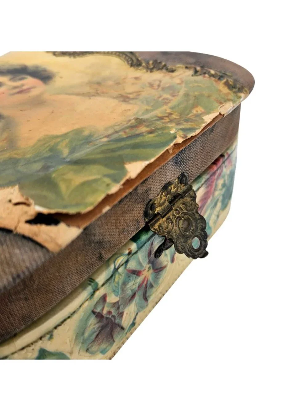 Antique Victorian Edwardian Celluloid Vanity Dresser Jewelry Box Portrait Lid
